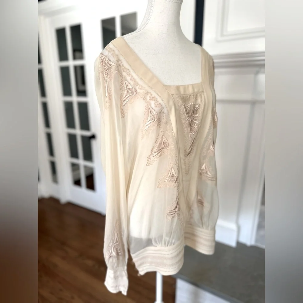Anthropologie Long Sleeve Embroidered Blouse With Banded Waist, Cream: Size 4